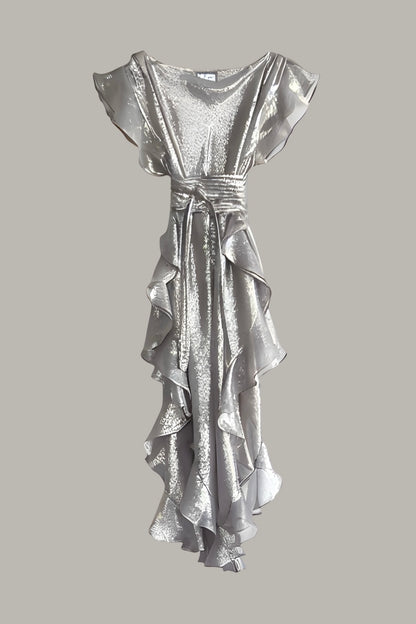 Ruffle Kaftan with Quilted Obi Belt Silver Grey Silk Lame' {Made to Order}