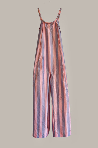 Swanfold Jumpsuit in Striped Pink & Light Blue Silk