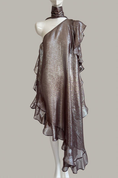 Ruffle Kaftan with Quilted Obi Belt Cappuccino/Silver Silk Lame' {Made to Order}