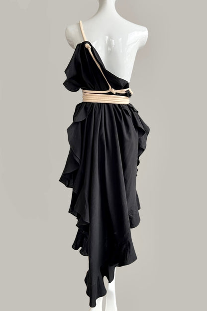 Infinite Ruffle Rope Kaftan Black Cotton with Contrasting Ecru Rope