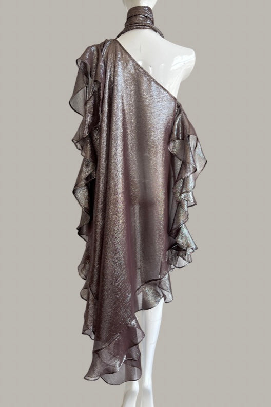 Ruffle Kaftan with Quilted Obi Belt Mocha Silver Silk Lame {Made to Order}