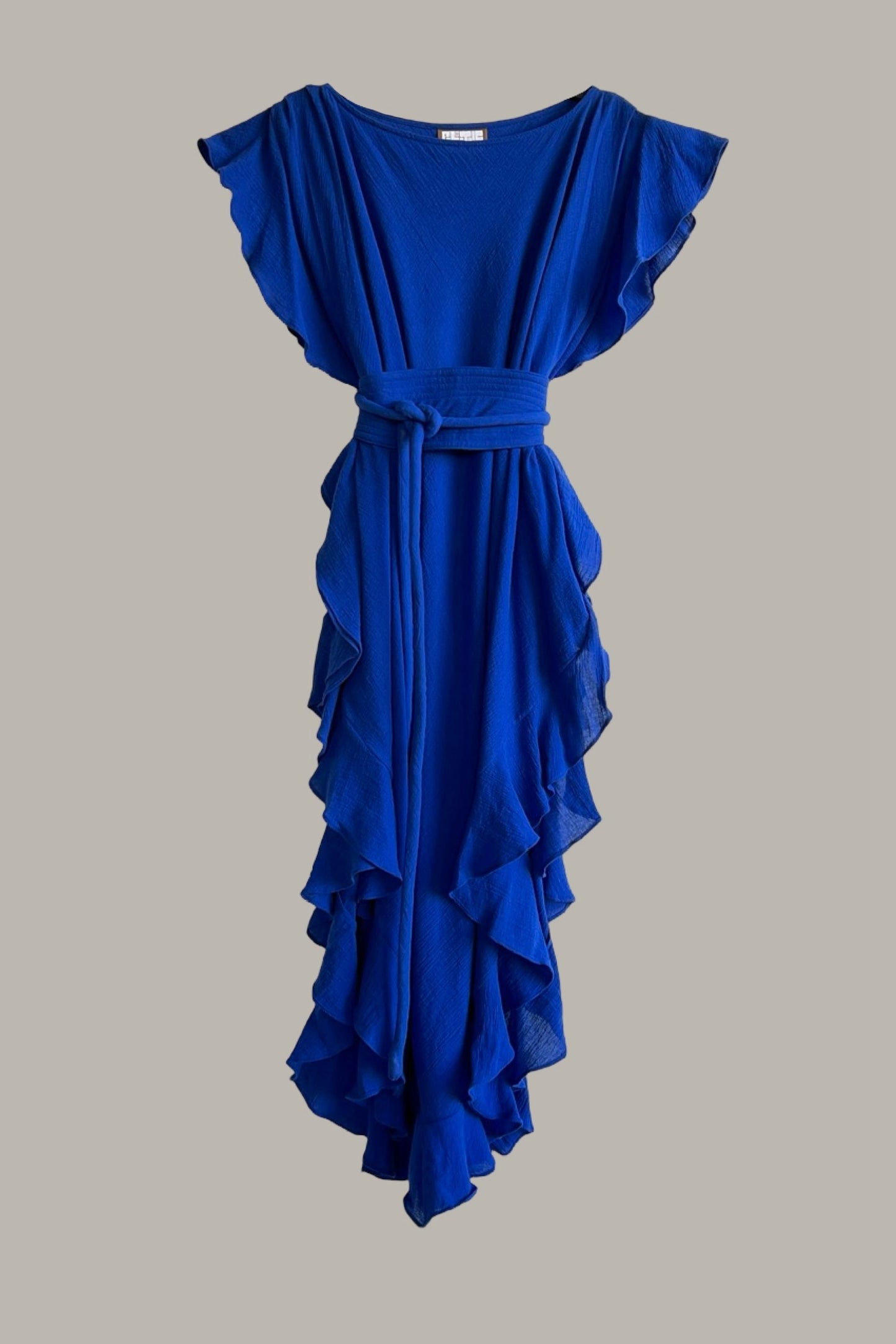 Ruffle Kaftan with Quilted Obi Belt Cotton Gauze Lapis Blue