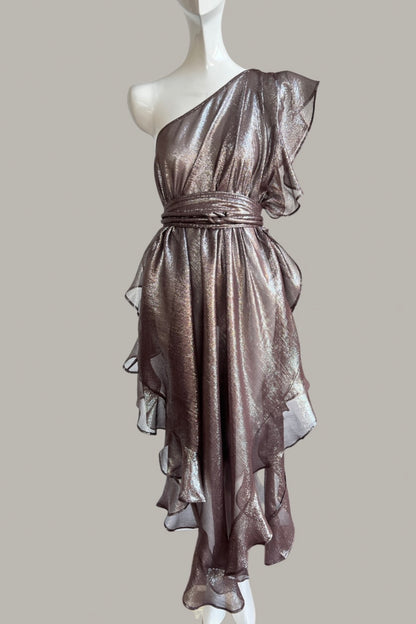 Ruffle Kaftan with Quilted Obi Belt Silver Grey Silk Lame' {Made to Order}