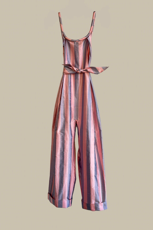 Swanfold Jumpsuit in Striped Pink & Light Blue Silk