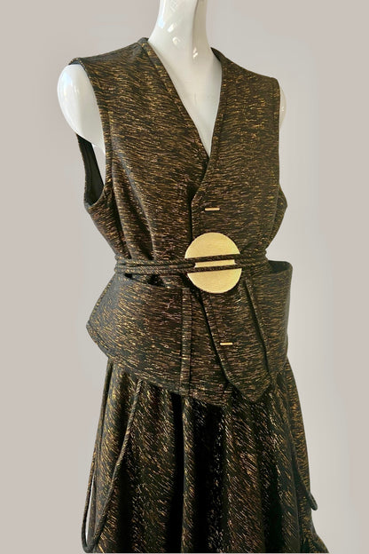 Mountain Samurai Reversible Quilted Vest Black Sueded Silk/Black & Gold Raw Silk Tweed