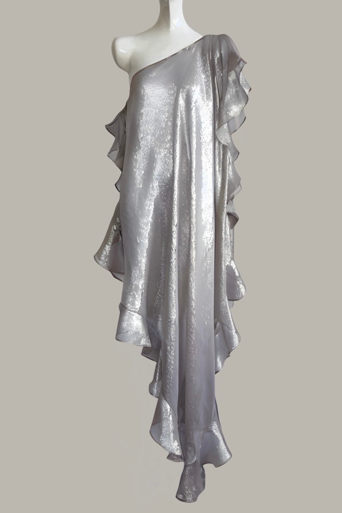 Ruffle Kaftan with Quilted Obi Belt Silver Grey Silk Lame' {Made to Order}