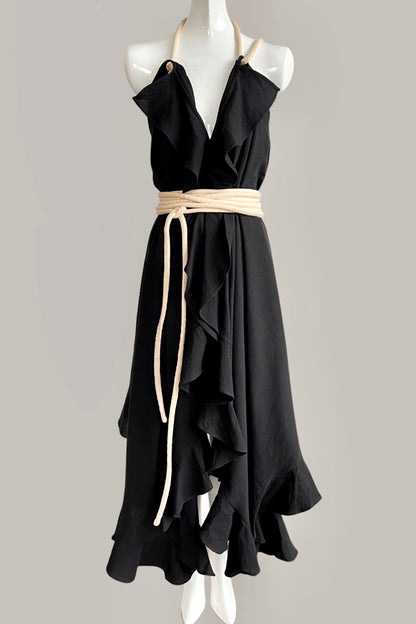 Infinite Ruffle Rope Kaftan Black Cotton with Contrasting Ecru Rope