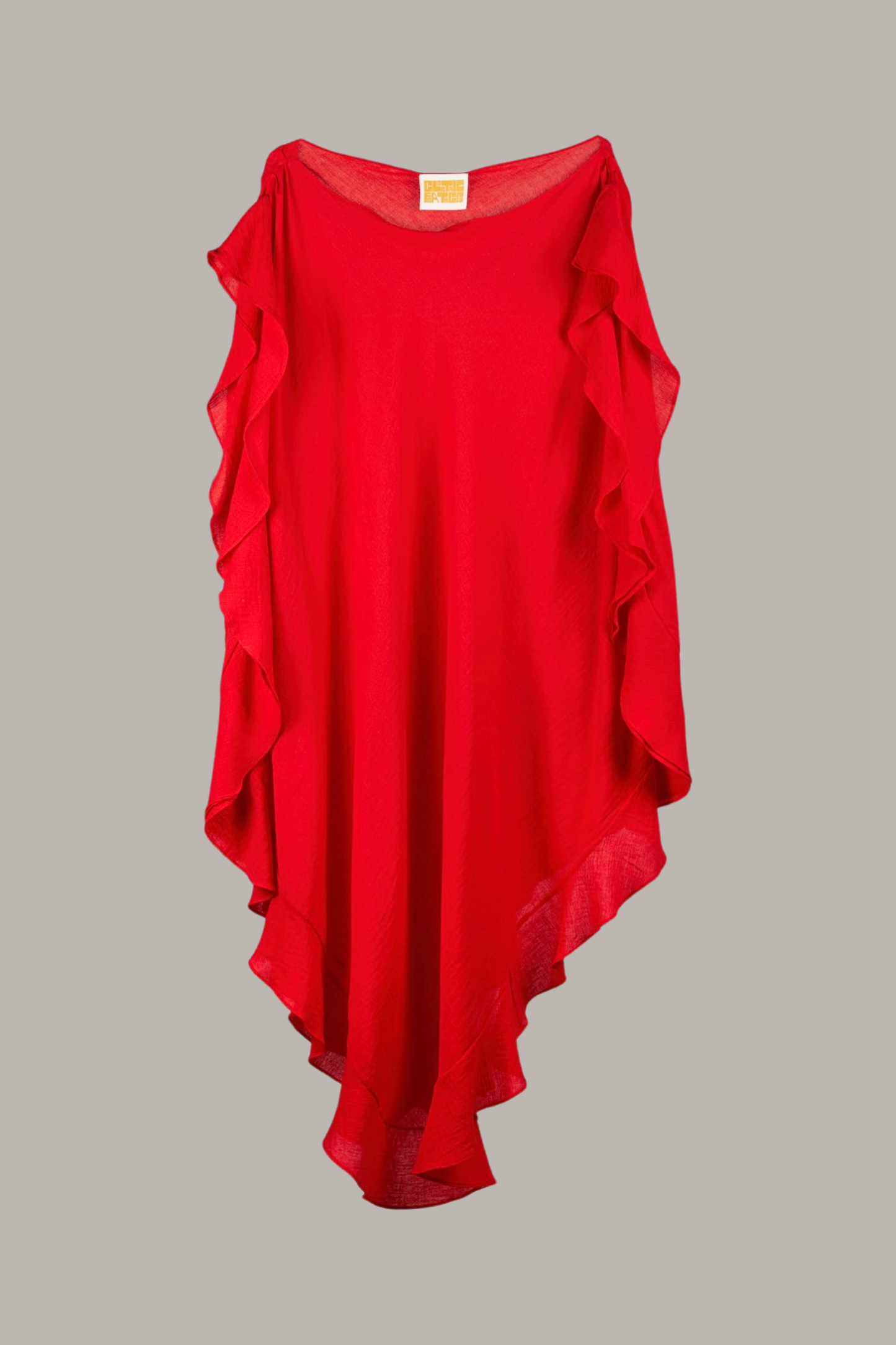 Convertible Ruffle Kaftan with Quilted Half Moon Belt Cotton Gauze Rouge