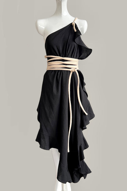 Infinite Ruffle Rope Kaftan Black Cotton with Contrasting Ecru Rope