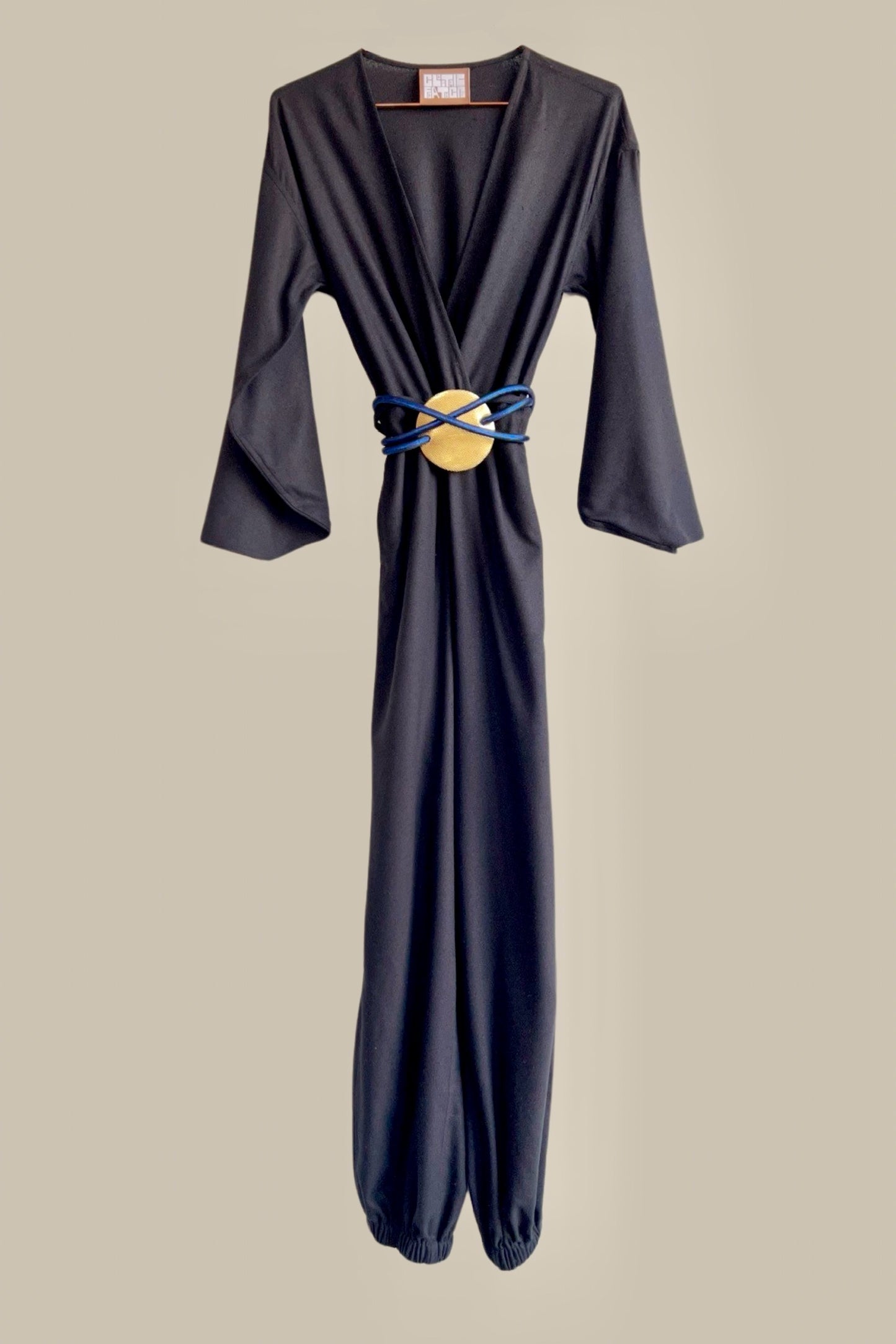 Kimono Jumpsuit with Raw Silk Black Kohl with Oval Obi Belt