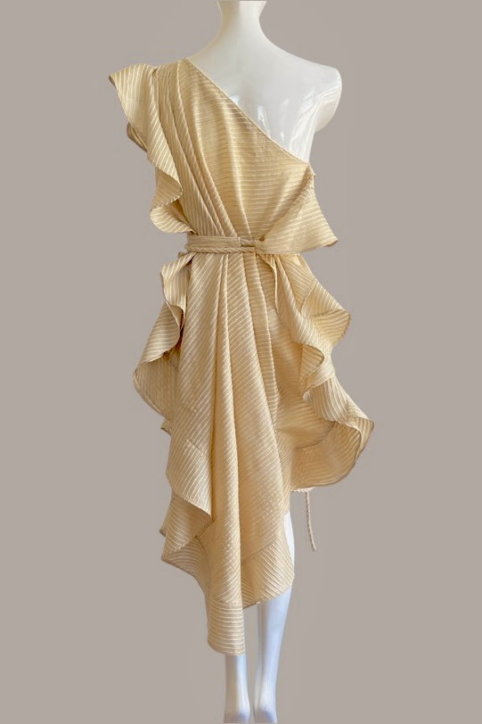 Ruffle Kaftan with Quilted Belt Natural Shell Raw Silk Stripe {Made to Order}