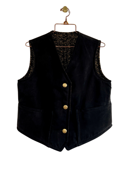 Mountain Samurai Reversible Quilted Vest Black Sueded Silk/Black & Gold Raw Silk Tweed