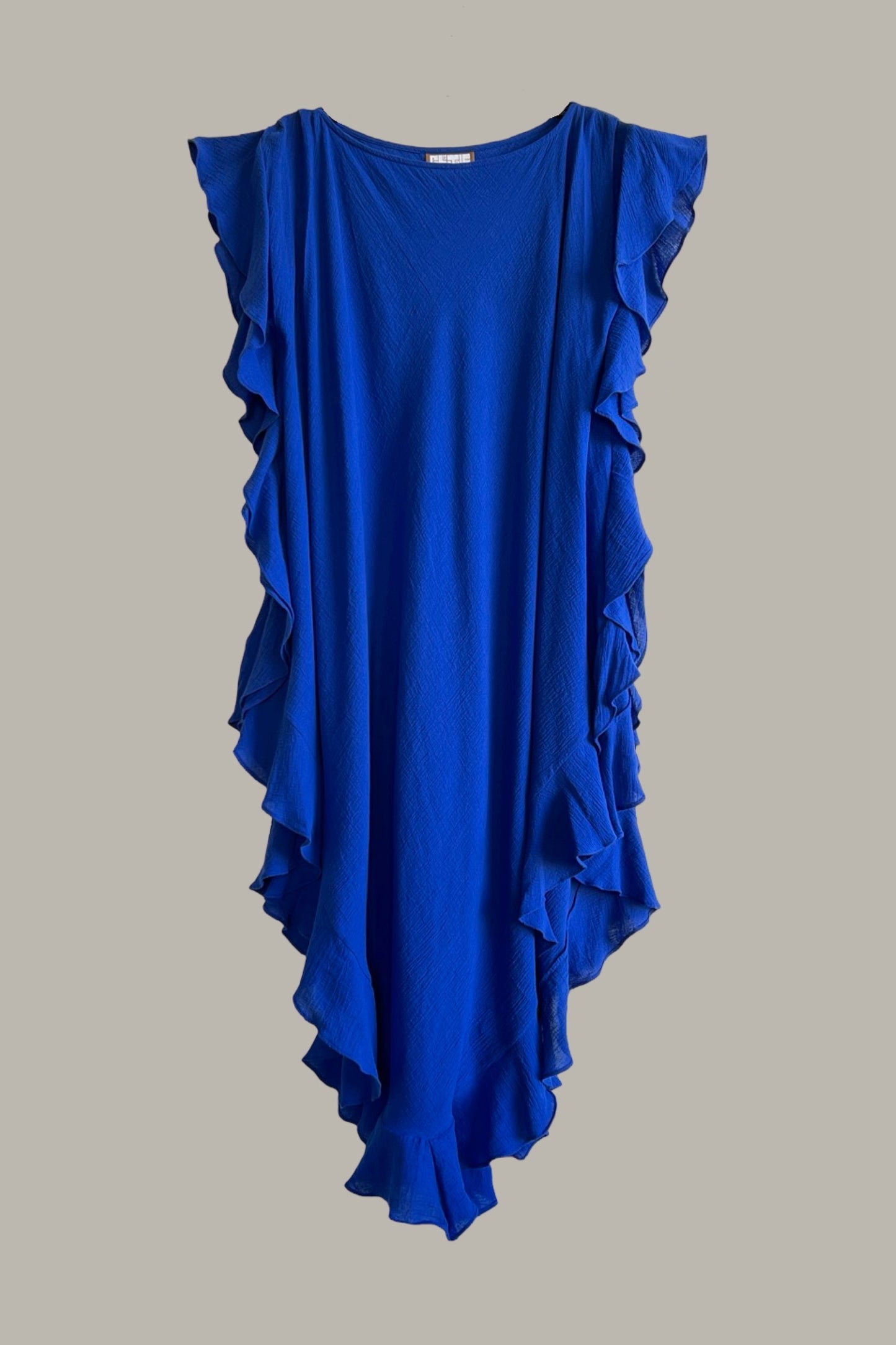 Ruffle Kaftan with Quilted Obi Belt Cotton Gauze Lapis Blue