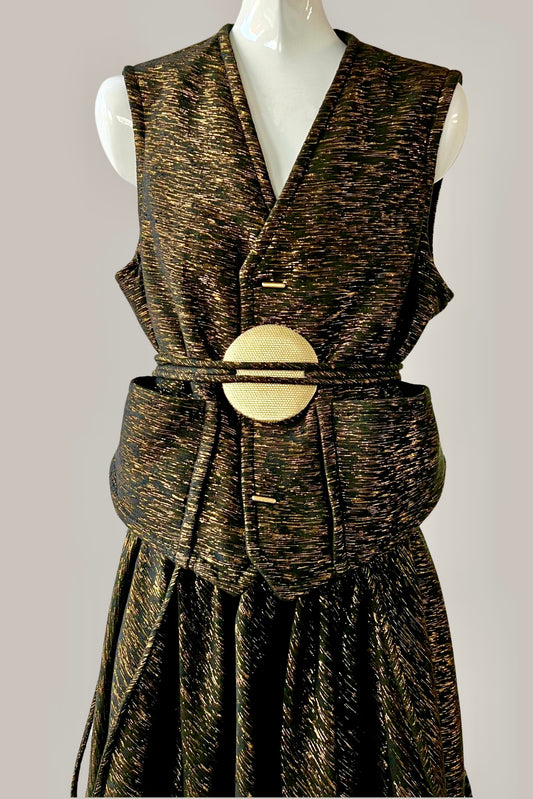 Mountain Samurai Reversible Quilted Vest Black Sueded Silk/Black & Gold Raw Silk Tweed