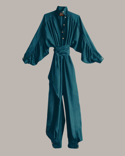 Rimbaud Jumpsuit with Infinite Sash Belt Teal Green Silk {Made to Order}