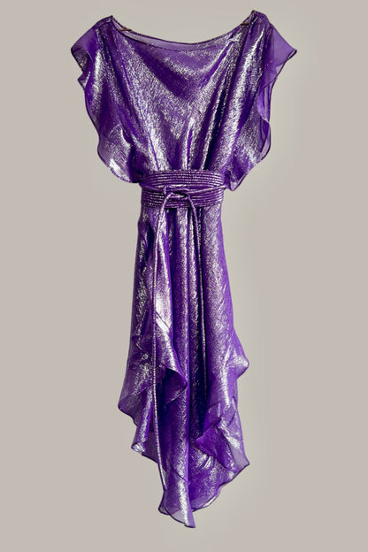 Ruffle Kaftan with Quilted Obi Belt Violet Silk Lame {Made to Order}