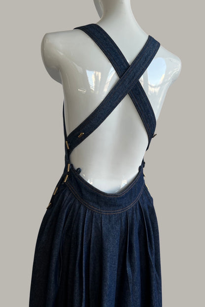 Traveling Pinafore Dress Long Version in Indigo Denim {Made to Order}