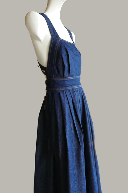 Traveling Pinafore Dress Long Version in Indigo Denim {Made to Order}