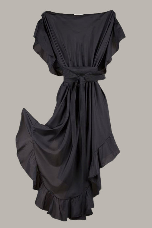 Ruffle Kaftan with Quilted Obi Belt Black Parachute Silk {Made to Order}