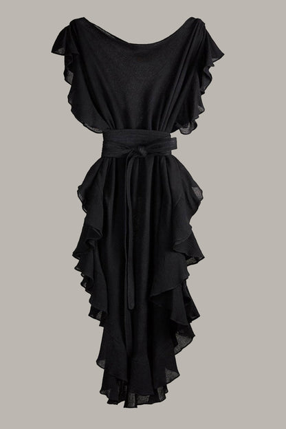 Convertible Ruffle Kaftan with Quilted Belt Cotton Gauze Black