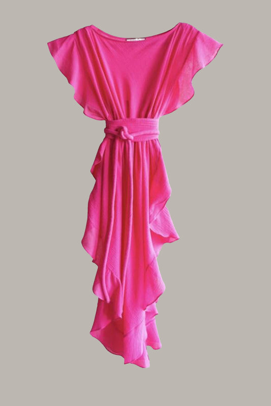 Ruffle Kaftan with Quilted Oval Obi Belt Cotton Gauze Fuchsia {Made to Order}