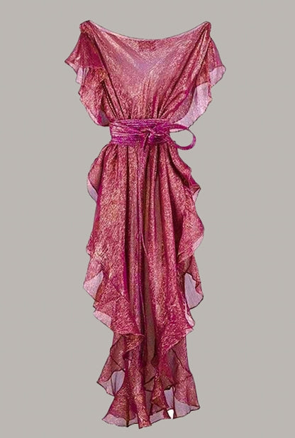 Ruffle Kaftan with Quilted Obi Belt in Raspberry Gold Chiffon Silk Lame' {Made to Order}