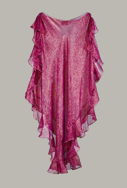 Ruffle Kaftan with Quilted Obi Belt in Raspberry Gold Chiffon Silk Lame' {Made to Order}