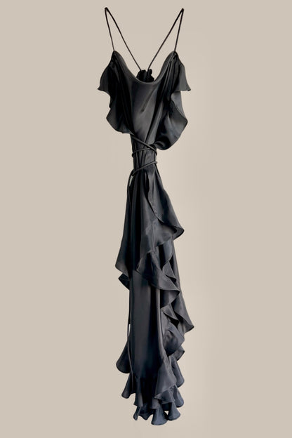 Infinite Ruffle Rope Kaftan Black Silk {Made to Order}