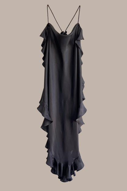 Infinite Ruffle Rope Kaftan Black Silk {Made to Order}