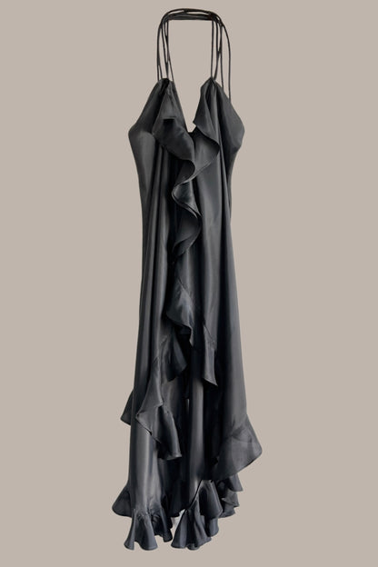 Infinite Ruffle Rope Kaftan Black Silk {Made to Order}